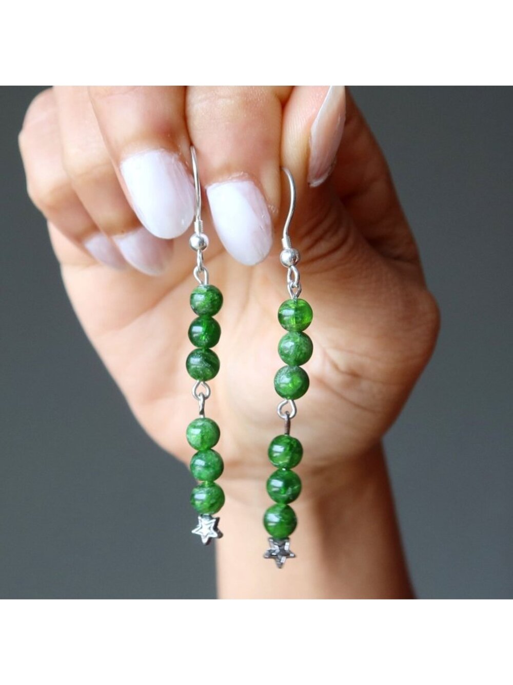 Diopside Earrings Swing on a Star Green Sterling Silver Star Charm Dangle Drop